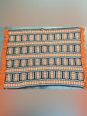 Vintage Handmade Afghan Throw | Retro Geometric Knit Blanket Orange Brown Cream